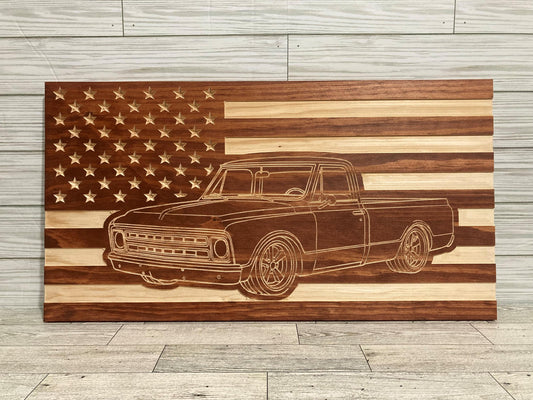 1967-1972 FLEETSIDE Chevy/GMC C10 K10 C15 K15 American Flag  Garage Decor Sign | 67 68 69 70 71 72 Pickup Truck Carved Out of Wood