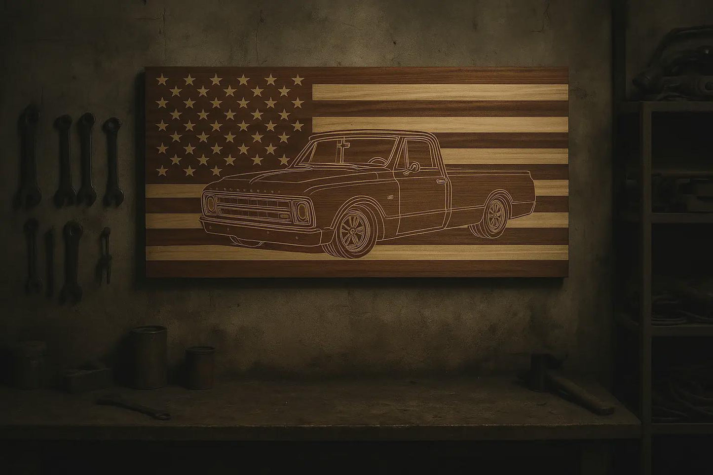1967-1972 FLEETSIDE Chevy/GMC C10 K10 C15 K15 American Flag  Garage Decor Sign | 67 68 69 70 71 72 Pickup Truck Carved Out of Wood