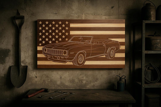 1969 Chevy Camaro Convertible Wall Art – American Flag Carved Wood Sign for Garage or Office (21"x11")