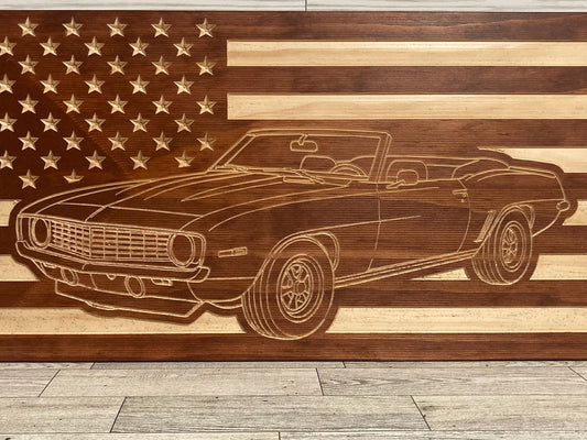 1969 Chevy Camaro Convertible Wall Art – American Flag Carved Wood Sign for Garage or Office (21"x11")