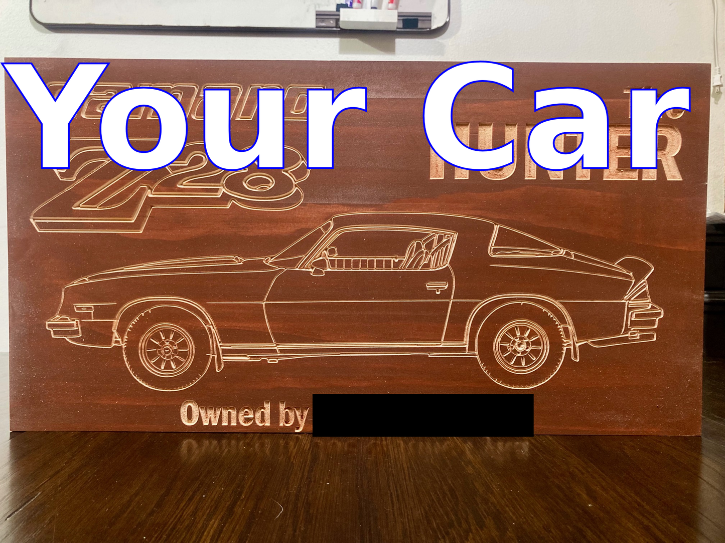 CUSTOM Wood Carving, ANY CAR; American Flag, Car Show Sign or Garage Decor